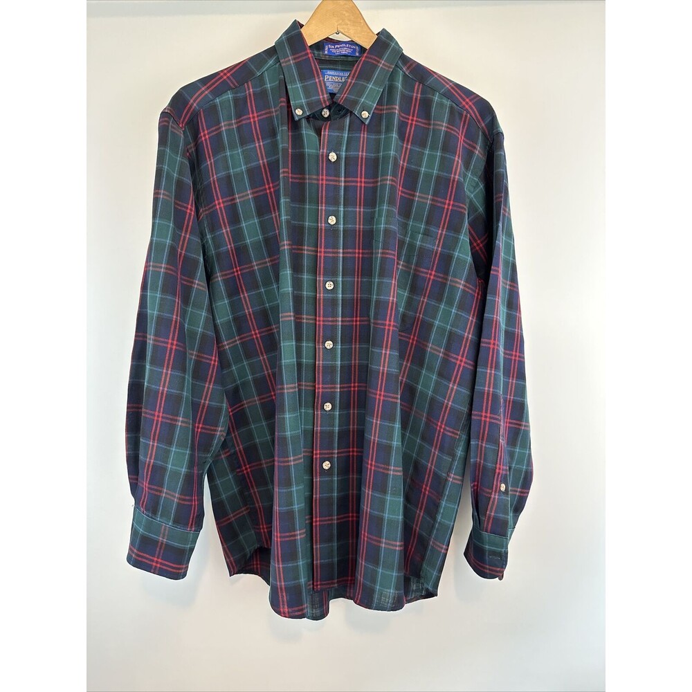 Sir Pendleton Virgin Wool Shirt Men’s L Blue Plaid Button Down Sleeve Lightweigh